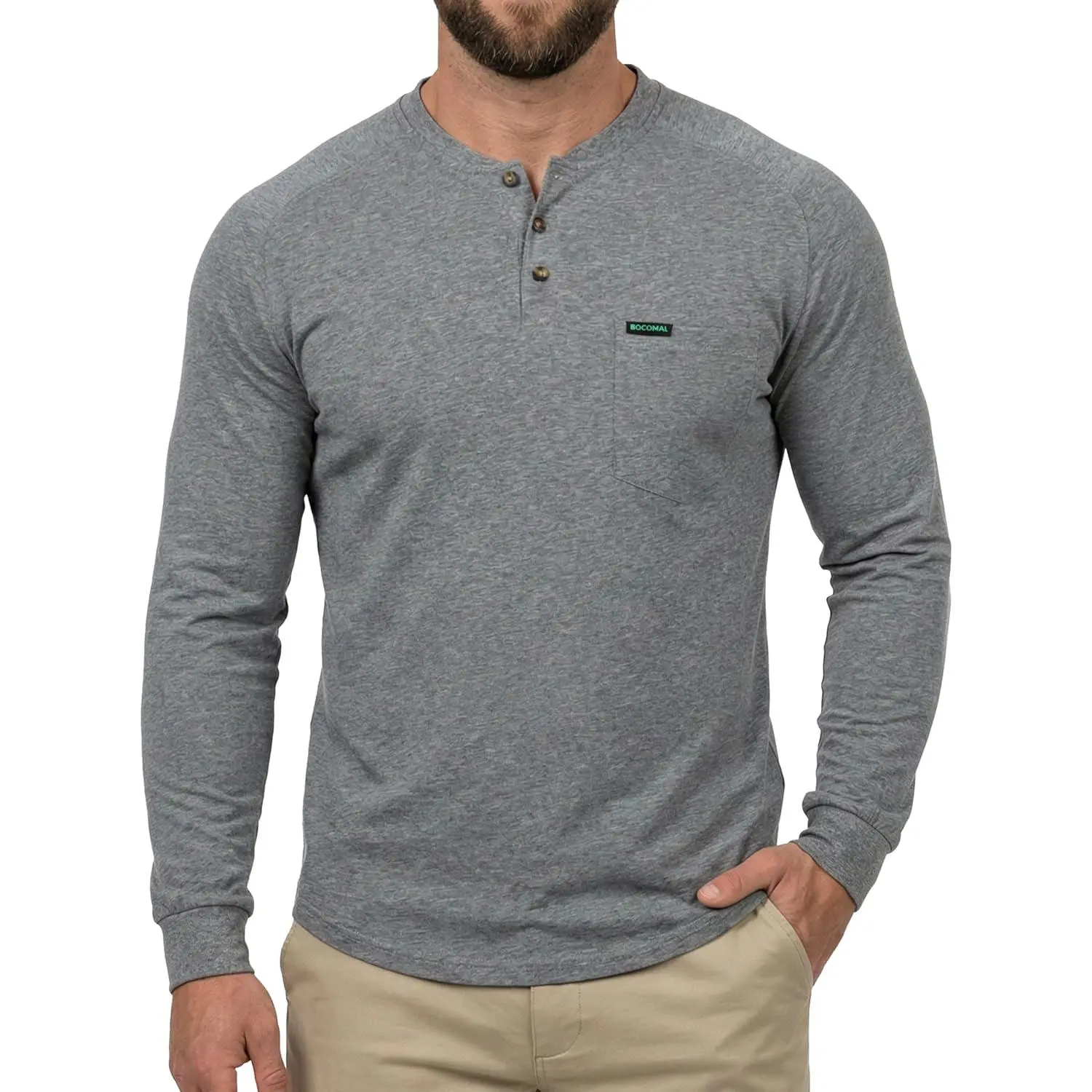 BOCOMAL Men's Henley Work T-Shirts Long Sleeve Tees-Lightweight,EX-Soft,Stretch-Cotton,Utility Pockets