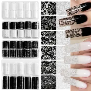 US-NAIL - 10 Rolls Y2K Lace Flower Nail Foils 50cm Black White Transfer Paper Nail Art Stickers Stripe Lace Manicure Decals Nails Supplies