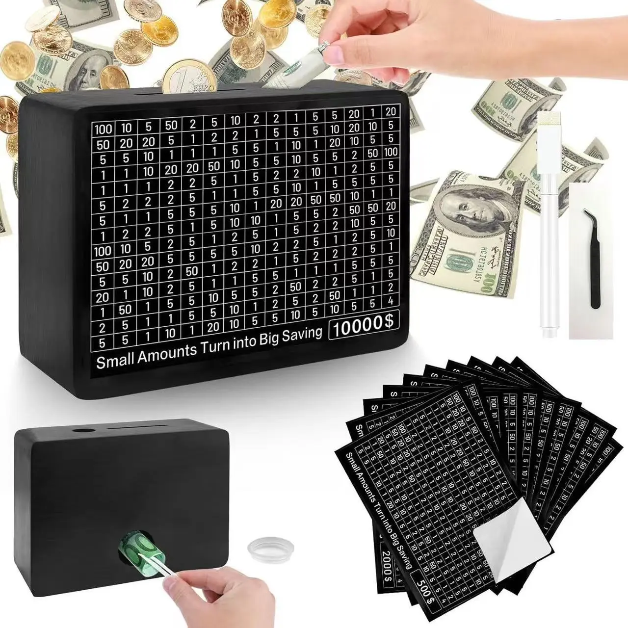 Multifunctional Wooden Savings Bank with 8 Storage Compartments, Counter Coin Holder, Coin Piggy Bank, Money Organizer Box, Cash Saving Box, Cash Coin Jar, Suitable for Adults and Kids, Unisex Gift Choice