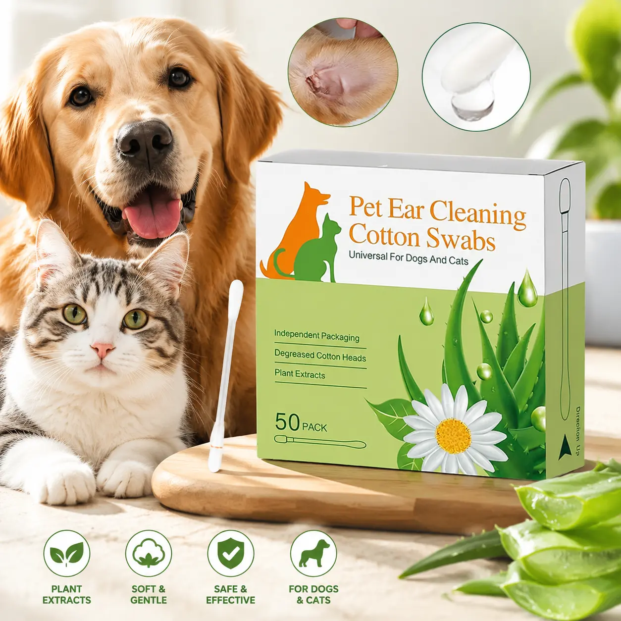 Dog & Cat Grooming Ear Cleaner Swabs - Gentle, Hypoallergenic, Alcohol-Free Essential Oil-Infused Formula for Wax Removal, Individually Packed for On-the-Go Use