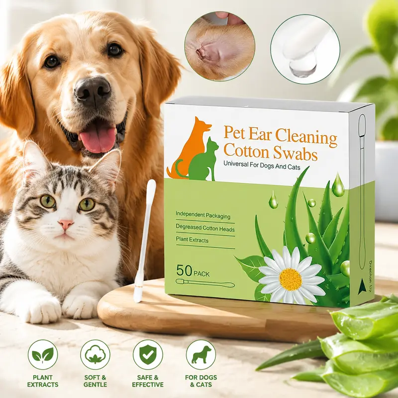 Dog & Cat Ear Cleaning Swabs, 50 Individually Wrapped Combed Cotton Cleaners, Alcohol-Free Hypoallergenic Essential Oil-Infused Gentle Cleansing Formula, Wax & Dirt Lift, Calms Itchy Ears, On-the-Go Pet Grooming Supplies