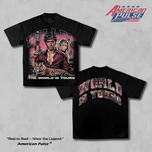 American Pulse x Valley, SCARFACE TIGER TEE The World Is Yours Shirt Gangster Streetwear Movie Fan Top Mafia Classic Ultra Cotton Retro T-shirt Unisex Hip Hop Film Lover Gift Pull On Style Clothes Crewneck