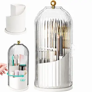 360° Rotating Toothbrush Holder Organizers Cosmetic Brush Storage Basket Makeup Brush Holder Organizer 3 Slots Transparent Spinning Make up Container Brush Holder(1 count) for Vanity Dresser Bathroom & Office Beauty Organiser