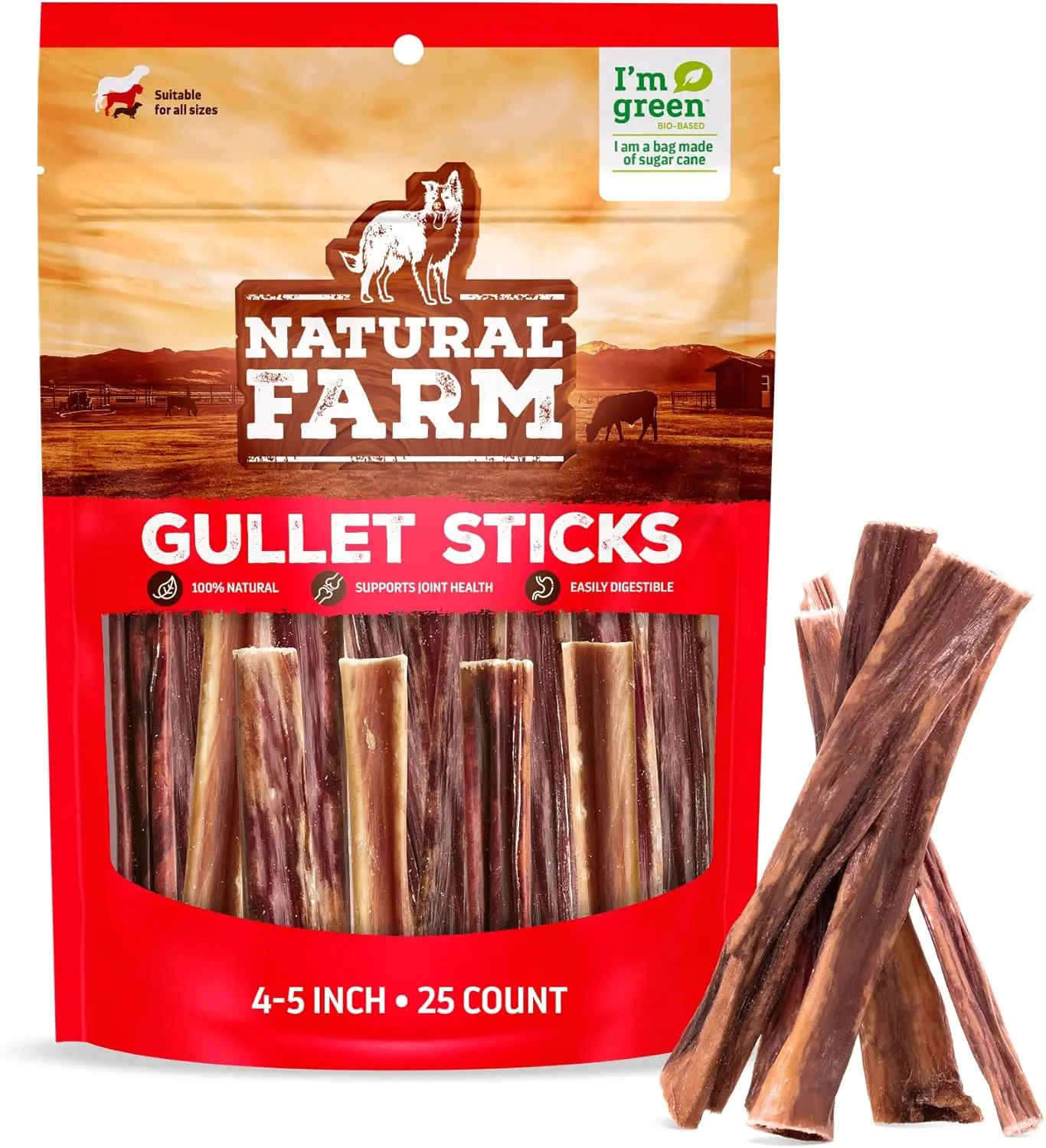 Natural Farm 4-5 inch Grass-Fed Beef Gullet Stick Dog Treats, 25-pack Bulk, Natural Ingredients, High-Quality Glucosamine & Chondroitin for Joint Support, Easy to Chew, Gentle Digestion Friendly, Ideal for Senior Dogs