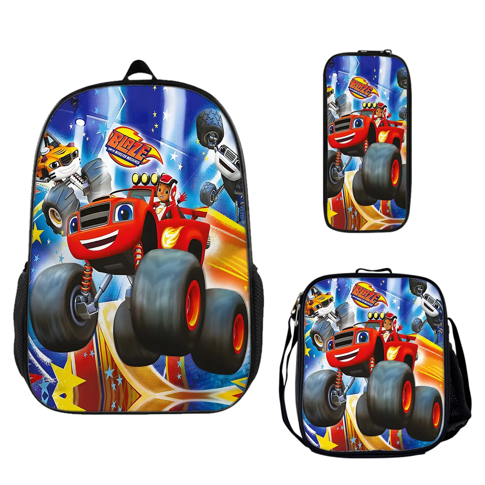 Blaze and the Monster Machines Large Capacity Backpack 3-Piece Set, School Bookbag with Insulated Lunch Box and Pencil Pouch for Teen Boys Girls, Lightweight Travel Daypack Birthday Gift for Fans c-17