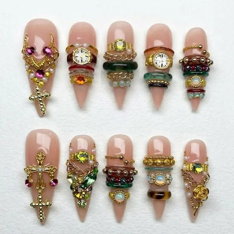Handmade Luxury Jewelry Press On Nails Ring Stack Gold Gem Y2K Glam Nails Maximalist Princess Nails