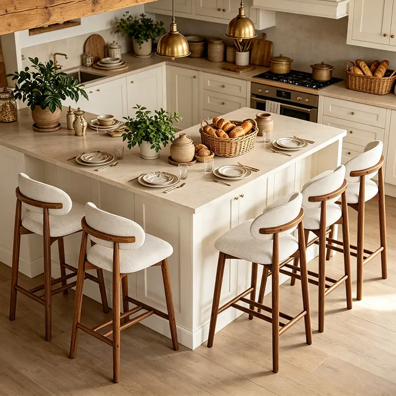 Set of 2 retro home kitchen island bar stools, ergonomic curved backrest in cream linen, easy-to-clean sturdy solid wood high-back chairs, suitable for open kitchens, breakfast islands, and family bars, ideal for a separate breakfast nook.