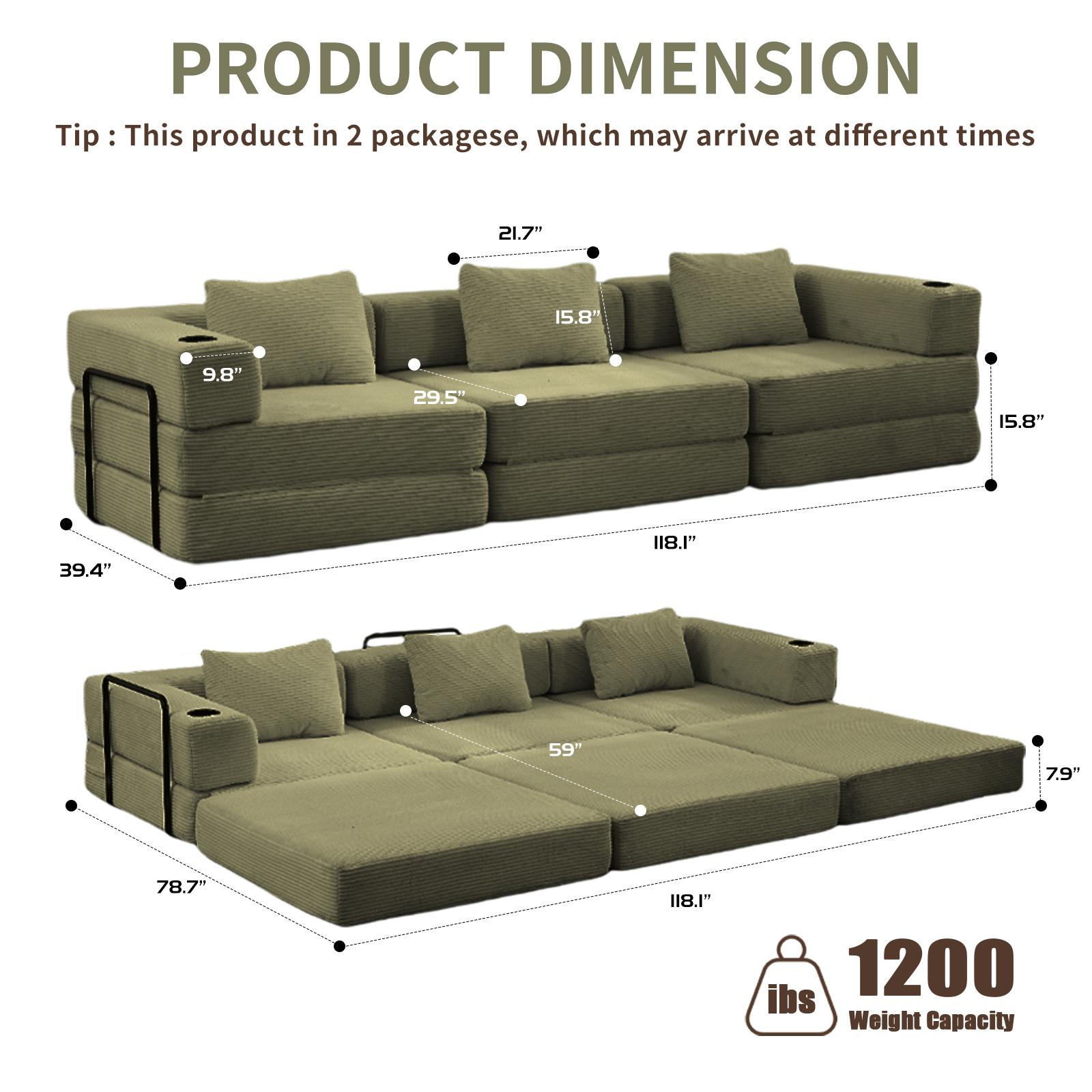 Modular Sofa bed with 3 seaters, Convertible Boneless Sleeper couches with Pillow, Corduroy folding mattress couch with Fixed-shape frame. Floor sofa lounge couch for living room bedroom lounge studio—2 package shipping