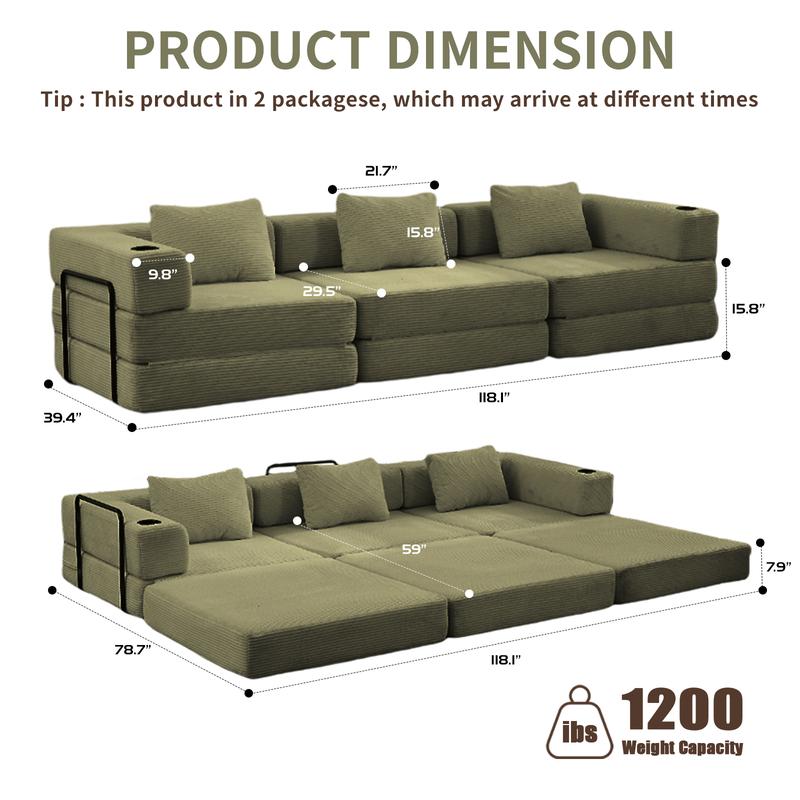 Modular Sofa bed with 3 seaters, Convertible Boneless Sleeper couches with Pillow, Corduroy folding mattress couch with Fixed-shape frame. Floor sofa lounge couch for living room bedroom lounge studio—2 package shipping