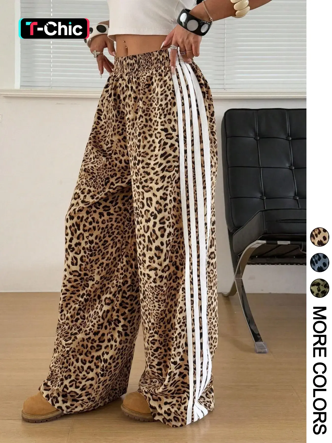1 Piece Leopard Print Side Stripe Oversize Wide Leg Pants, All-Season Wear, Elastic High Waist Loose Fit Trousers for Women, Y2K Streetwear, Casual Comfy Baggy Pants for Daily Wear, Street Style Fashion Palazzo Pants, Casual Chic Trousers, Oversized