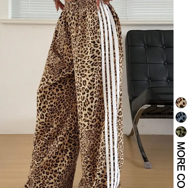 1 Piece Leopard Print Side Stripe Oversize Wide Leg Pants, All-Season Wear, Elastic High Waist Loose Fit Trousers for Women, Y2K Streetwear, Casual Comfy Baggy Pants for Daily Wear, Street Style Fashion Palazzo Pants, Casual Chic Trousers, Oversized