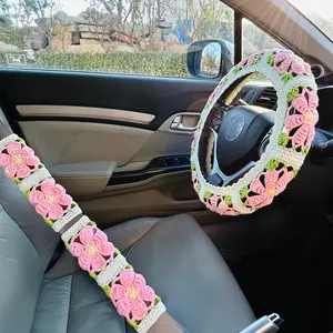 Crochet Car Steering Wheel Cover & Seat Belt Cover, Handmade Crochet Car Interior Decoration, Car Interior Accessory, Boujee Car Accessories for Women & Girls