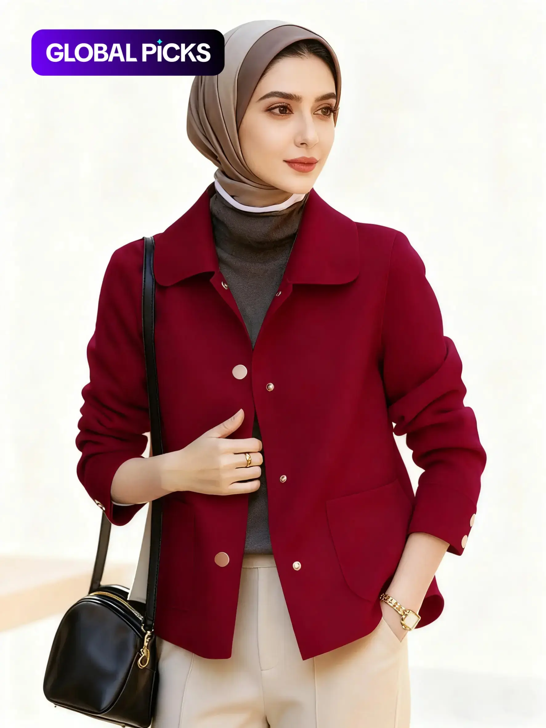 Women's Elegant Long Sleeve Wool Blend Coat Button Front Jacket, Casual Fitted Design with Pockets, Spring & Fall Fashion Plain Design Outerwear for Muslim Ladies, Solid Color Jacket