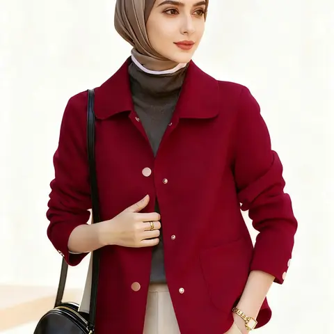 Women's Elegant Long Sleeve Wool Blend Coat Button Front Jacket, Casual Fitted Design with Pockets, Spring & Fall Fashion for Muslim Ladies, Solid Color Jacket, Fashion Jackets