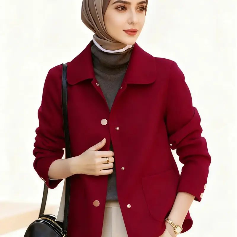 Women's Elegant Long Sleeve Wool Blend Coat Button Front Jacket, Casual Fitted Design with Pockets, Spring & Fall Fashion for Muslim Ladies, Solid Color Jacket, Fashion Jackets