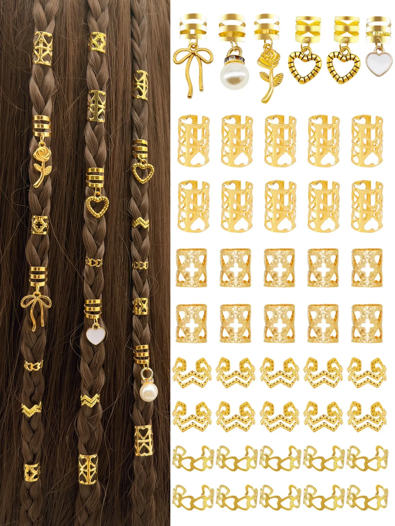 46pcs DIY Heart-Shaped Hair Ring Accessories Set, Adjustable Fashion Simple Dreadlocks Beads, Summer Suitable for Women Dating Valentines, Date, Outings, Hair Decorations, Versatile Accessory
