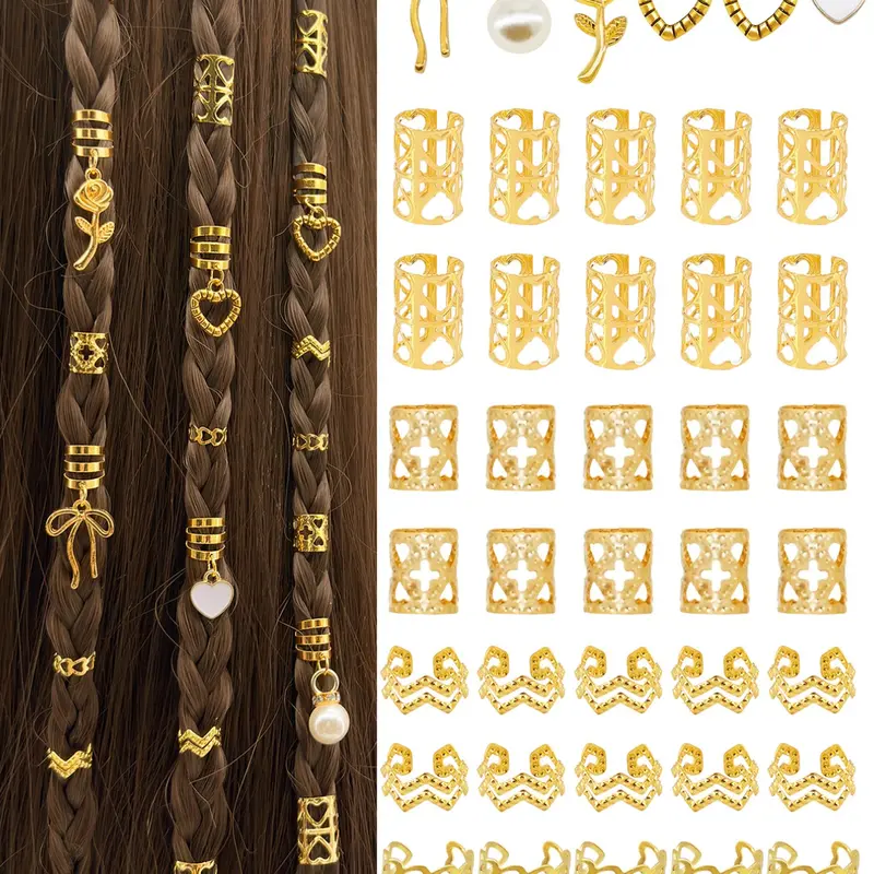 46pcs DIY Heart-Shaped Hair Ring Accessories Set, Adjustable Fashion Simple Design Dreadlocks Beads, Summer Suitable for Women Dating Valentines, Date, Hair Decorations, Versatile Accessory