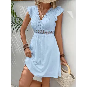 Women'S Summer V-Neck A-Line Dress, Solid Color with Contrast Lace Detail, Butterfly Sleeves, Knit Polyester Fabric, Lightweight 120g/m², Elastic 5% - Elegant Casual Wear