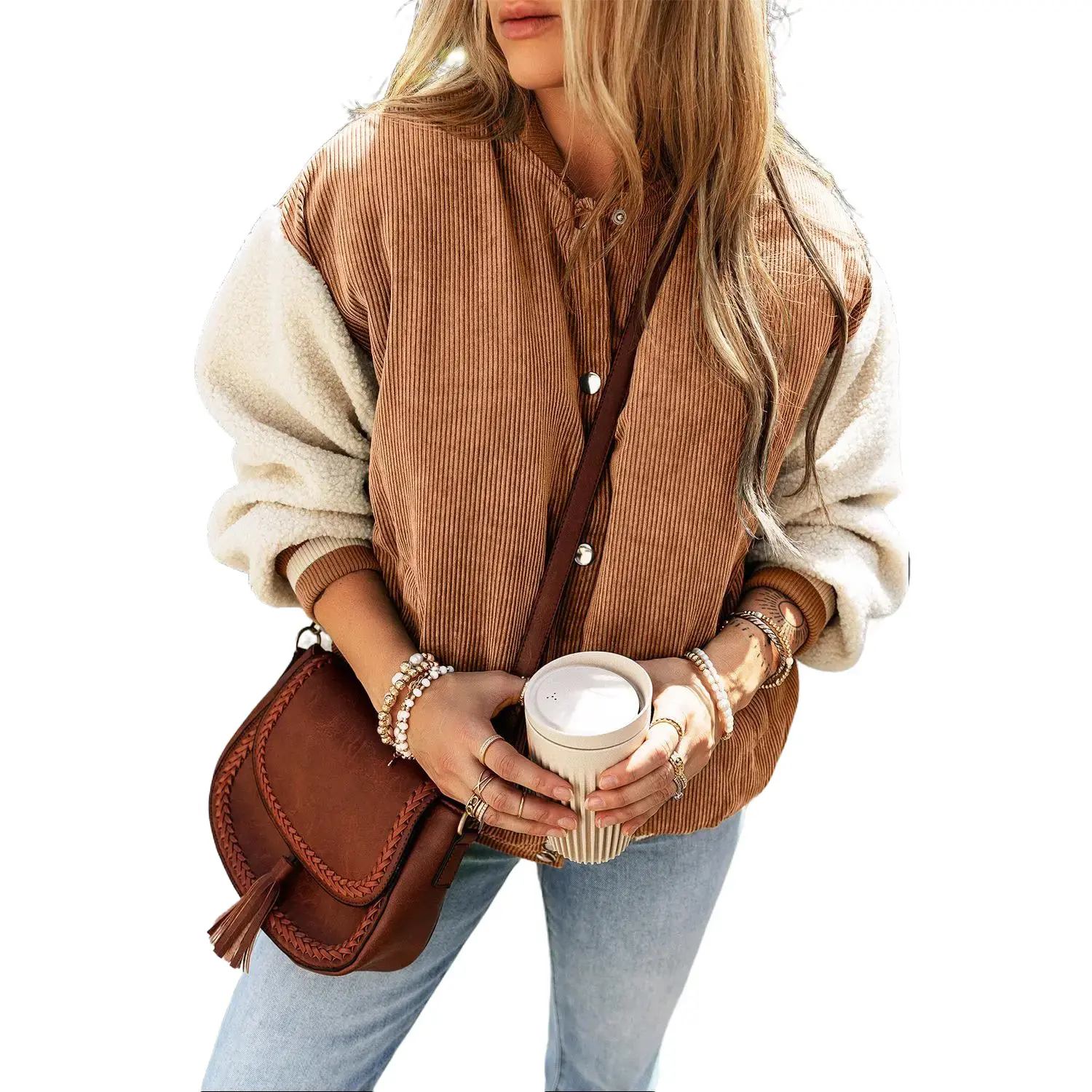 Buckskin Corduroy Fleece Patchwork Buttoned Bomber Jacket