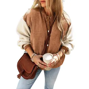 Buckskin Corduroy Fleece Patchwork Buttoned Bomber Jacket