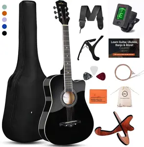 38" Inch Acoustic Guitar Bundle for Beginners Adults with Online Lesson, Cutaway  Acustica Guitarra Starter Set Package with Gig Bag, Strap, Steel Strings, Picks, Capos, Stand, Black