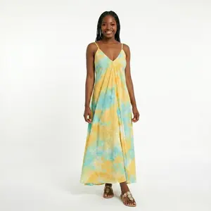 APUYO Elegant Resort Wear | Beach & Leisure Travel Essential: V-Neck High-Waist Rhinestone Big Swing Maxi Dress, Fresh Tie-Dye Slim Fit Dress (One Size)