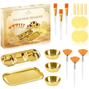 23 Pcs Esthetician Supplies Including 3 Stainless Steel Gold Mixing Bowls Gold Small 3 Compartment Serving Tray 3 Facial Fan Brushes 3 Face Mask Applicator Brush 12 Compressed Round Facial Sponges