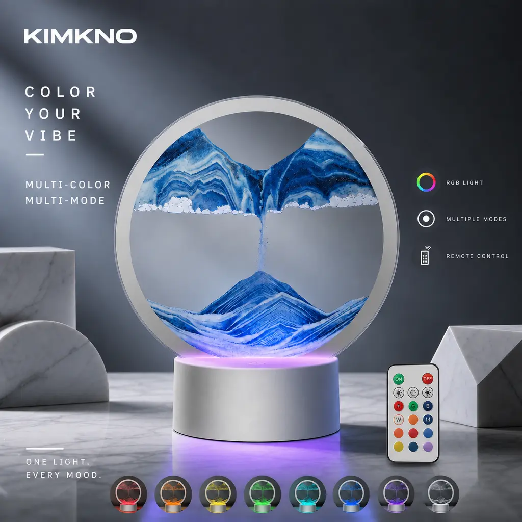 KIMKNO 3D Moving Sand Art Night Light - LED Round Glass Dynamic Sandscape Lamp, USB Powered, Touch Control, Soft Glow Relaxing Mood Lighting for Bedroom Nightstand, Novelty Aesthetic Home Decor up decorative