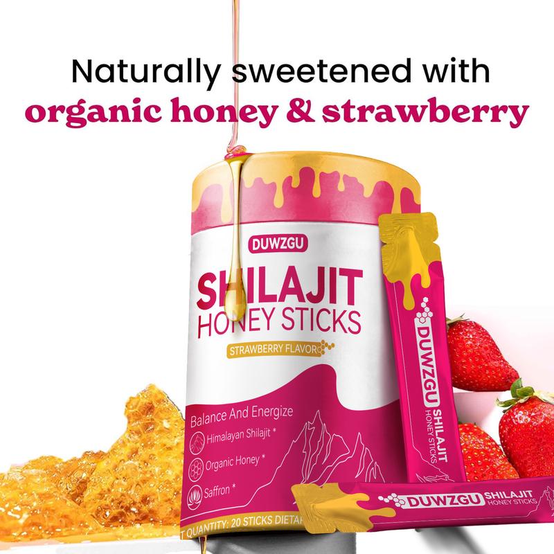 Shilajit Shatavari Saffron Feminine Honey Sticks |Hormonal Balance & Energy | Strawberry Flavor | Multi-Mineral Dietary Supplement