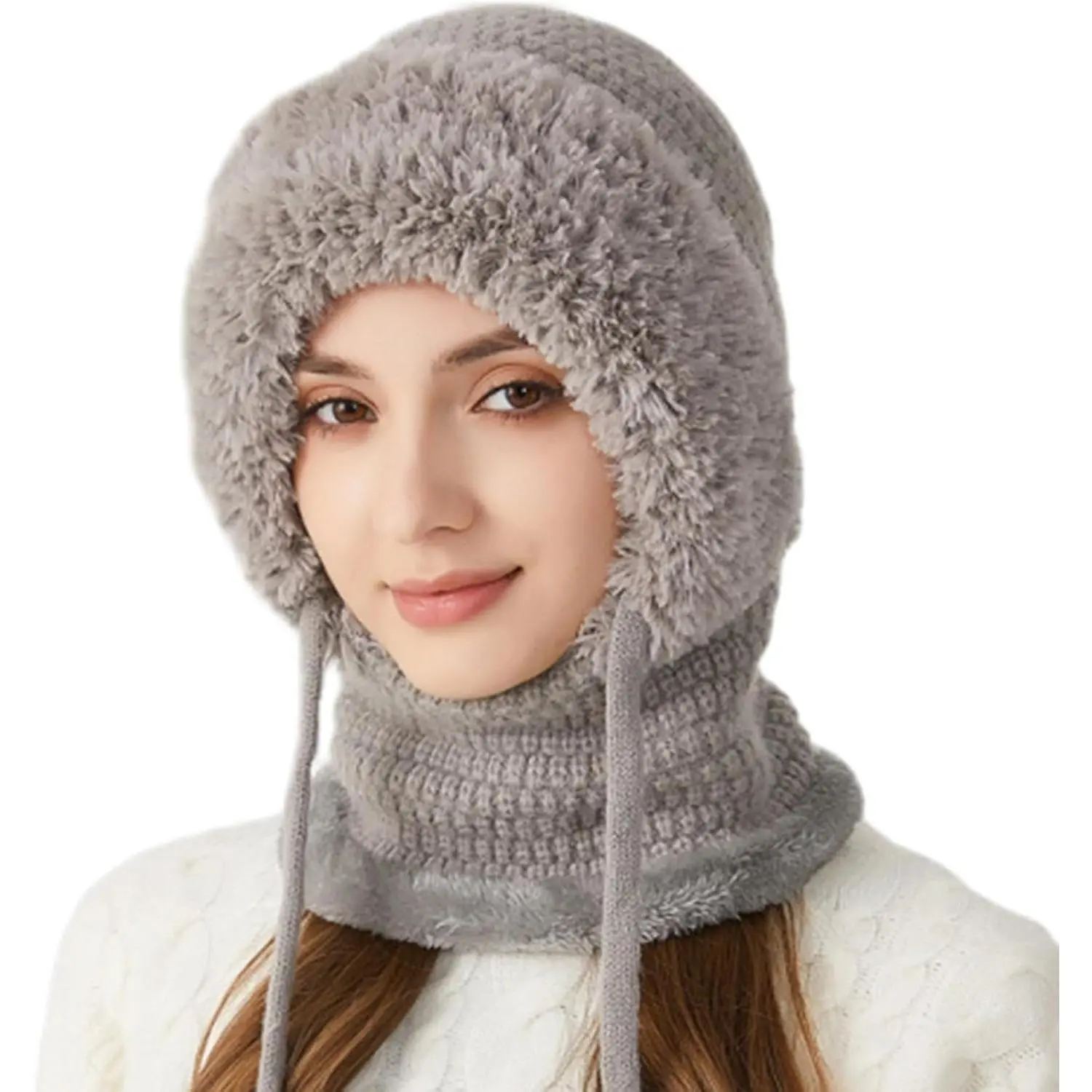 3 in 1 Beanie Hat for n, ns Balaclava Winter, Cold Knitted Hats Wind Resistant Hooded Scarf, Thick Plush-Lined