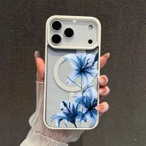 Blue Lily Whisper Large Hole Matte Frame Transparent Magnetic Phone Case For iPhone 17 16 15 14 13 12 11 Pro Max Plus Air Cover