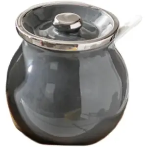 Collector,Bacon  Container with Lid & Spoon, Ceramics  Pot,0.4L/13.5 oz Kitchen  Cooking Oil Storage Can Hot Frying Oil,Resistant to High Temperatures,Kitchen(Grey )