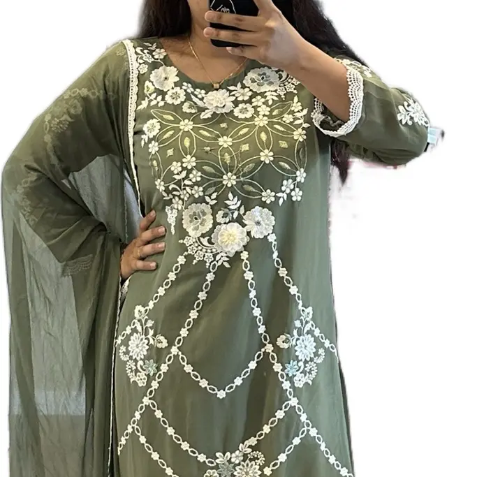 Women's Elegant Traditional Green Georgette Kurta Salwar Dress Set - Matching Soft Dupatta, Premium Fabric Women's Special Clothing for Outfit Inspiration