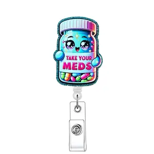 Cute Pill Jar Pattern Retractable Badge Clip, 1 Count Acrylic Badge Reel for Nurses, Doctors, Students & Office Staff, Identification Badges & Supplies, Badge Reels Retractable