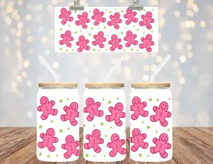 16 oz Uv Dtf Cup Wrap Pink Christmas Gingerbread 706