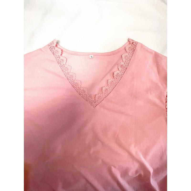 Elegant Plus-Size White V-Neck T-Shirt with Lace Detailing,Short Sleeve,Semi-Sheer Summer Top for Women,Plus Size Blouses Collar Fabric Spandex Casual