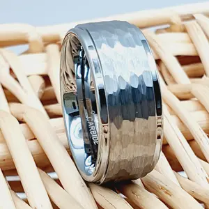 Men's Wedding Band Ring 9mm Wide Engagement Band Hammered Silver Stepped Edges Rings