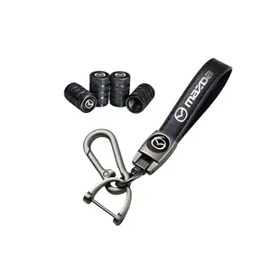 Mazda Keychain & Valve Stem Cap Bundle – 5pc Set | Premium Black Metal, Anti-Rust Car Accessory Pack