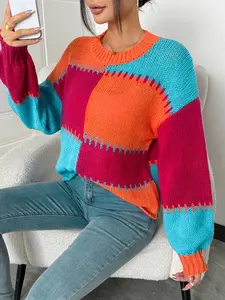 Women's Casual Knit Sweater Pullover, Round Neck Drop Shoulder Long Sleeves Design, Fall Winter Fashion Top, Colorblock Pattern, Soft & Cozy, Knitwear, Womenswear