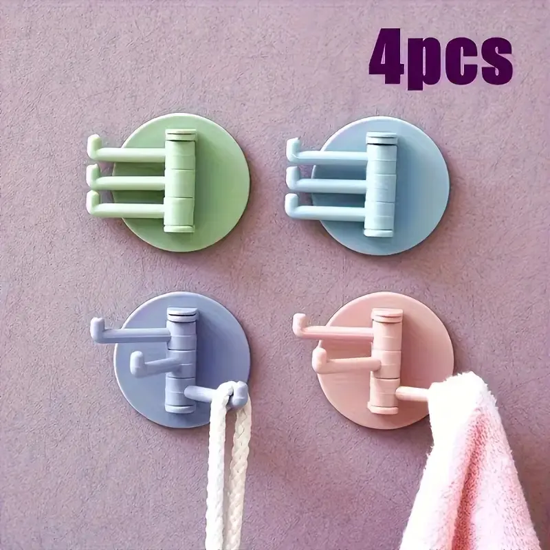 4-Pack Heavy-Duty Drill-Free Plastic Hooks, 360° Rotatable Self-Adhesive Wall Hangers, Home Organizer - Mint Green, Sky Blue, Lavender Pink, Light White - For Kitchen, Bathroom (Towels, Keys), Wall Hanging