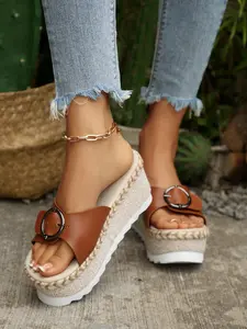 2026 Summer Platform Wedge Sandals for Women, Buckle Espadrille Slides, PU Leather Upper, Rubber Sole, Less Than Ankle Height