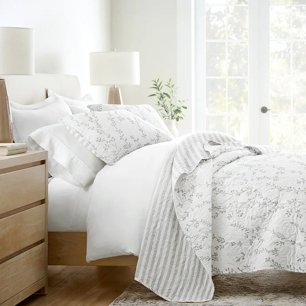 Sprouting Vines Stripe Reversible Quilted Coverlet Set Sprouting Vines Stripe Reversible Quilted Coverlet Set