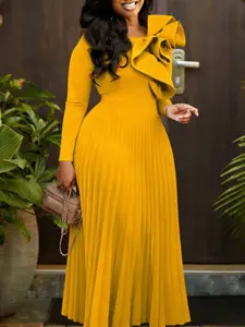 Elegant African Women Pleated Ruffled Dress O Neck Long Sleeves Ruffles Empire Modest Formal Wear Celebrate Birthday Wedding Event Party Gowns Elegance