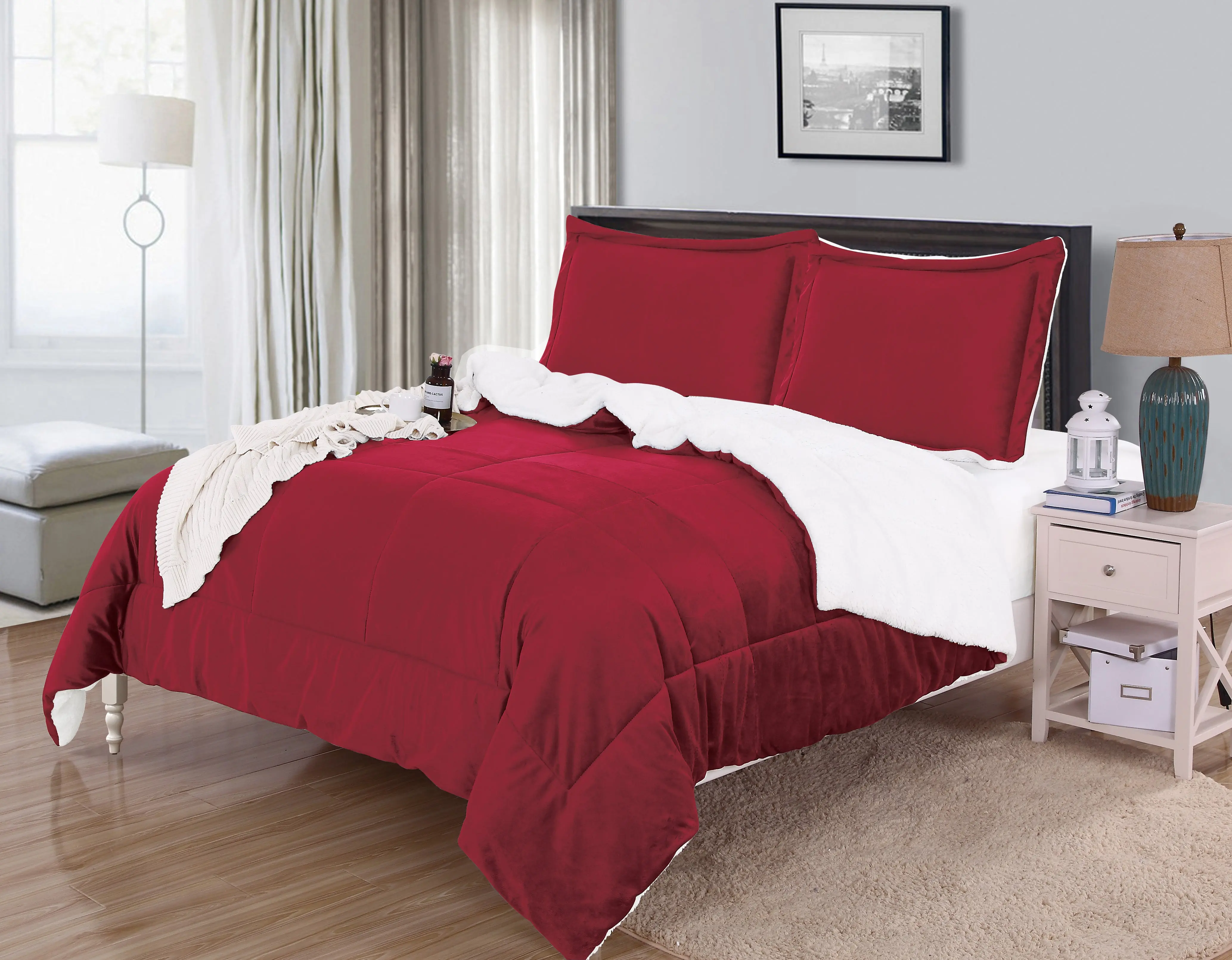 Mocassi 3-Piece Solid Sherpa Reversible Down-Alternative Comforter Set - Micro-Suede, Heavy Plush, Hotel Premier Warmth, Luxury Bedding