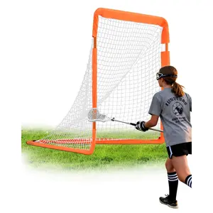 VEVOR Lacrosse Goal, 4' x 4' Small Kids Lacrosse Net, Folding Portable Lacrosse Goal with Carry Bag, Iron Frame Backyard Training Equipment, Quick & Easy Setup, Perfect for Youth Training, Orange