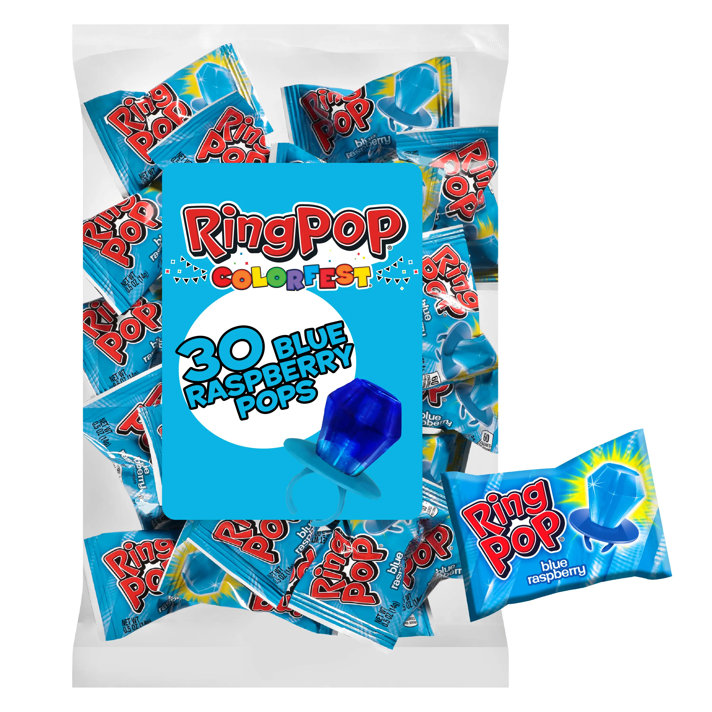 Ring Pop Bulk Lollipop Pack - 30 Count Individually Wrapped Blue Raspberry Flavor Candies, Sweet Treat with Corn Syrup for Birthday Celebrations