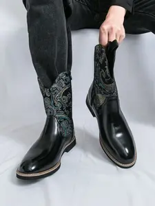 Men's Western Cowboy Boots Fall Winter New Vintage Style, Side Zipper Patchwork Classic Fashion Riding Boots, European Station Design