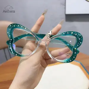 2026 New Arrival Women's Rhinestone Large Frame Glasses, Teal Clear Non-Prescription Decorative Eyewear, Black Friday Christmas Gift