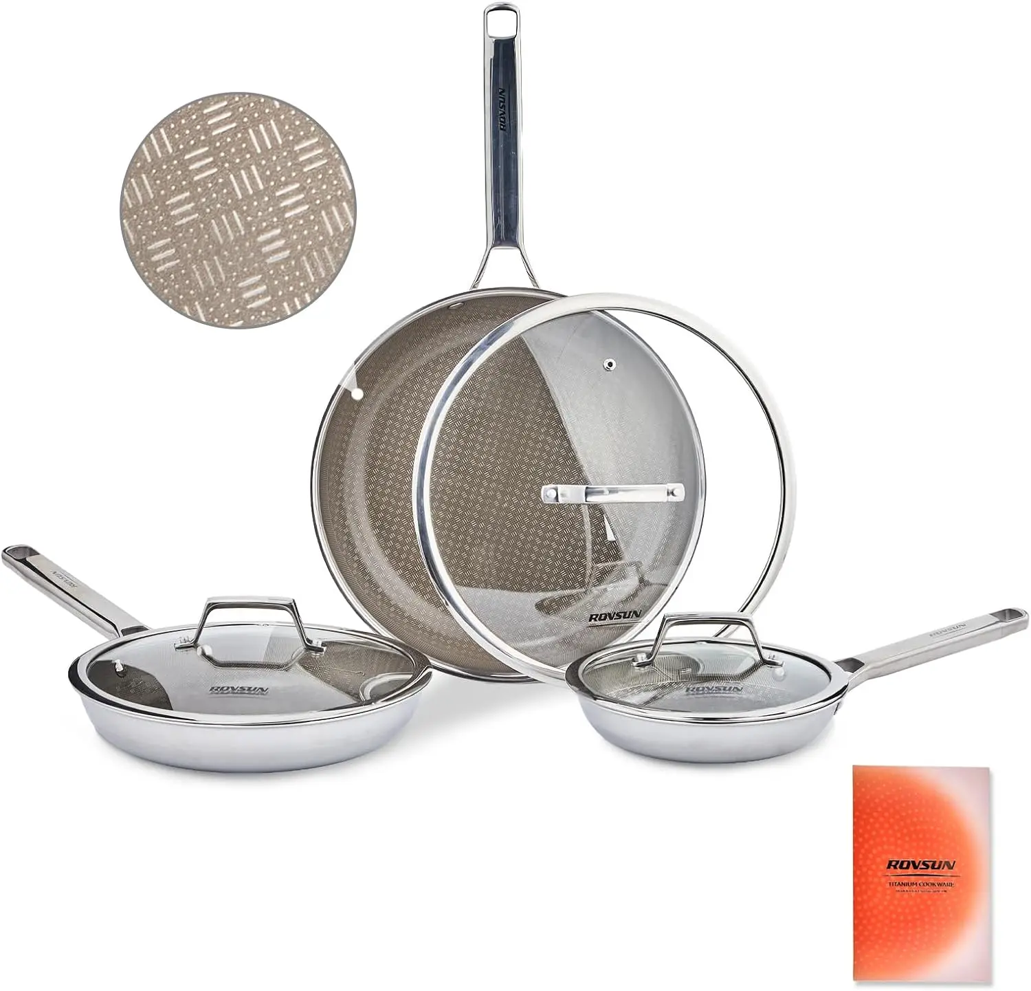 ROVSUN Titanium Pan Set, 8'' 10'' 12'' Non-Stick Frying Pan, Skillet with Lid for Cooking, Non-Toxic Kitchen Cookware, PFOA & PTFE Free, Oven & Dishwasher Safe, Compatible for All Cooktops