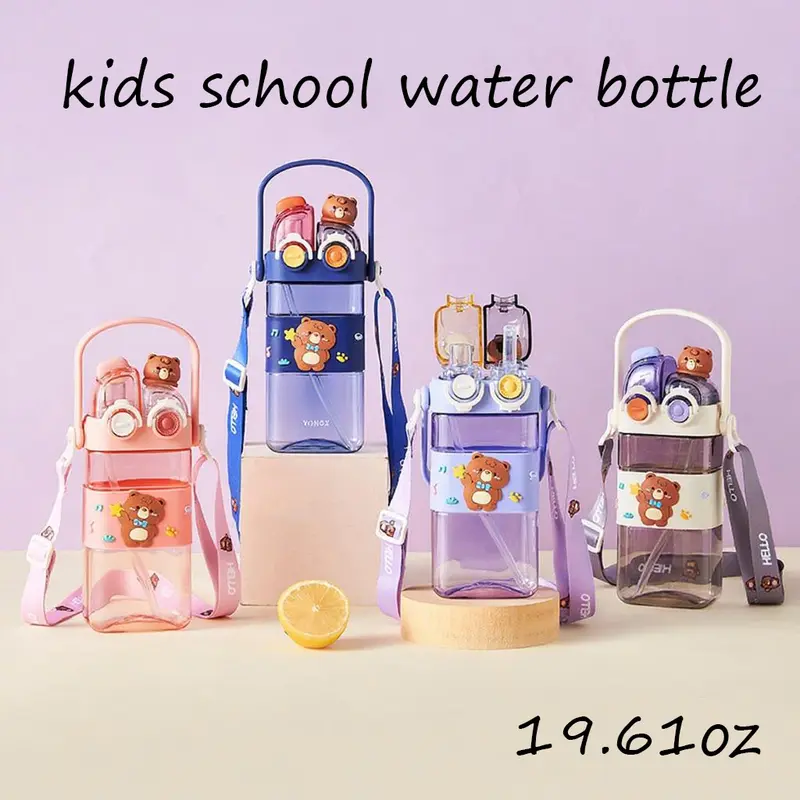 UFORU Cartoon Bear Kids Portable Insulated Water Bottle, 19 oz, Leak-Proof Pop-Up Lid, Dual Drinking Spouts (Including Straw), BPA-Free, Multi-Color for Ice & Fruit Drinks, Ideal Gift for Back to School & Birthdays